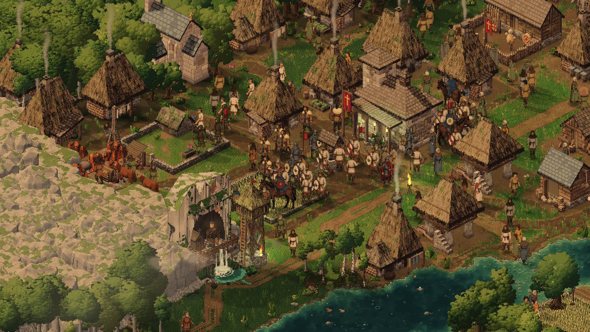 A mountain village at golden hour: thatched teitos and hórreos round a stone hall with its red banner, soldiers and villagers in the lanes, smoke rising from the hearths, the Holy Cave and its waterfall in the limestone cliff on the left and the river on the right.