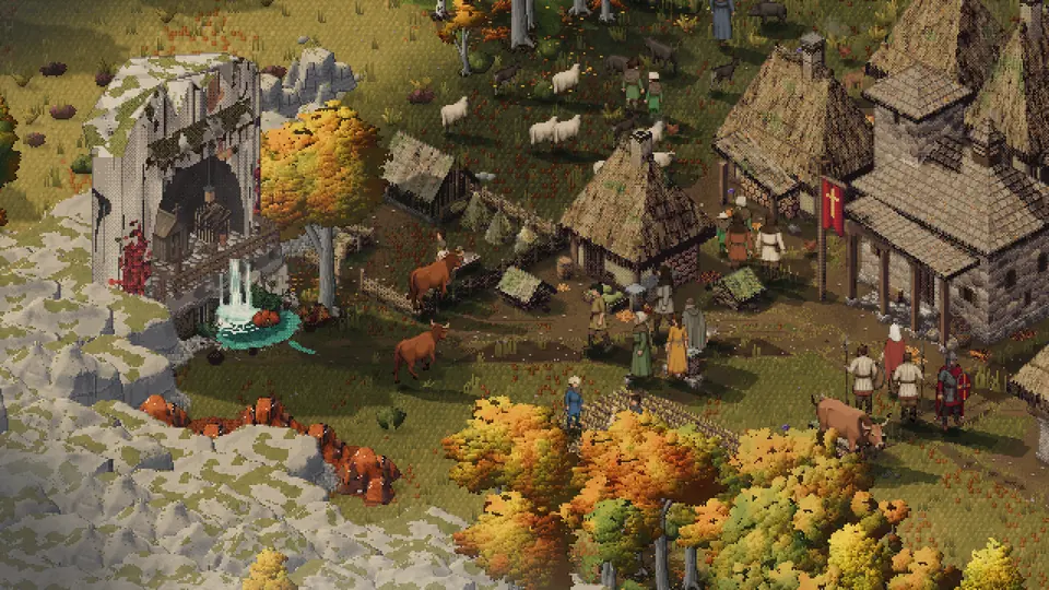 An autumn morning in the village: golden oaks, oxen and sheep, villagers at work before the hall with its red banner, the cave shrine and its waterfall in the cliff.
