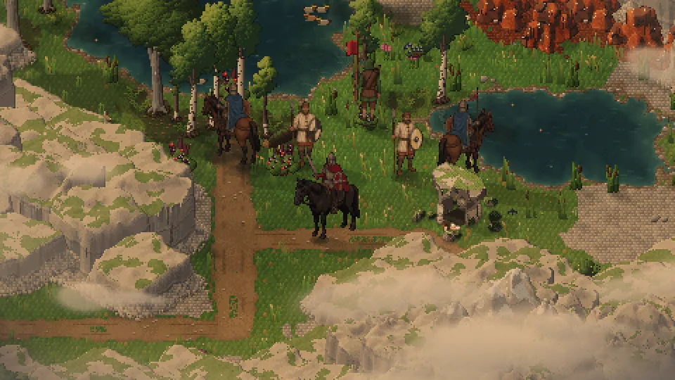 Pelagius in his red cloak on a black horse at dawn, his sworn riders and spearmen around him on the high ground, mountain tarns behind and the valley below lost in mist.