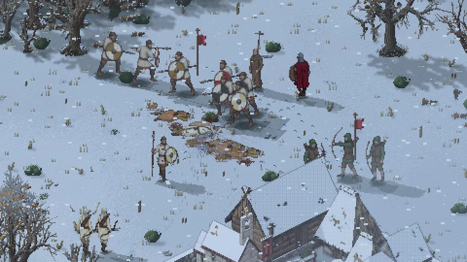 A shield wall of spearmen holds a snowy pass, a monk raising the oak cross behind them, Pelagius in his red cloak and bowmen drawing beside the church as the emir’s fallen lie in the snow.