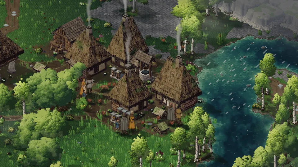 A spring morning in a hamlet of thatched houses after the night’s rain: villagers by the well and the beehives, hens about the doors, the river running high past the birches.