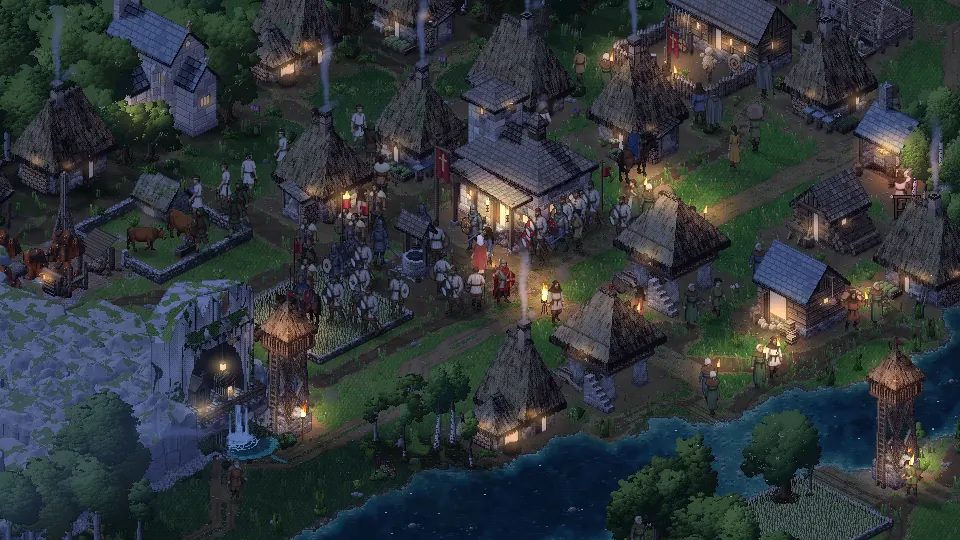 The village at night: warm light in the windows and doorways, torches along the lanes, soldiers gathered before the hall and the river dark beyond the watchtowers.