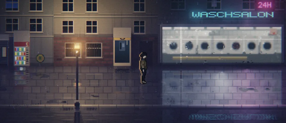 BURN-IN key art: Noa on a rainy night street in Vessen beside a phone box, the laundrette neon reflected on the wet pavement.